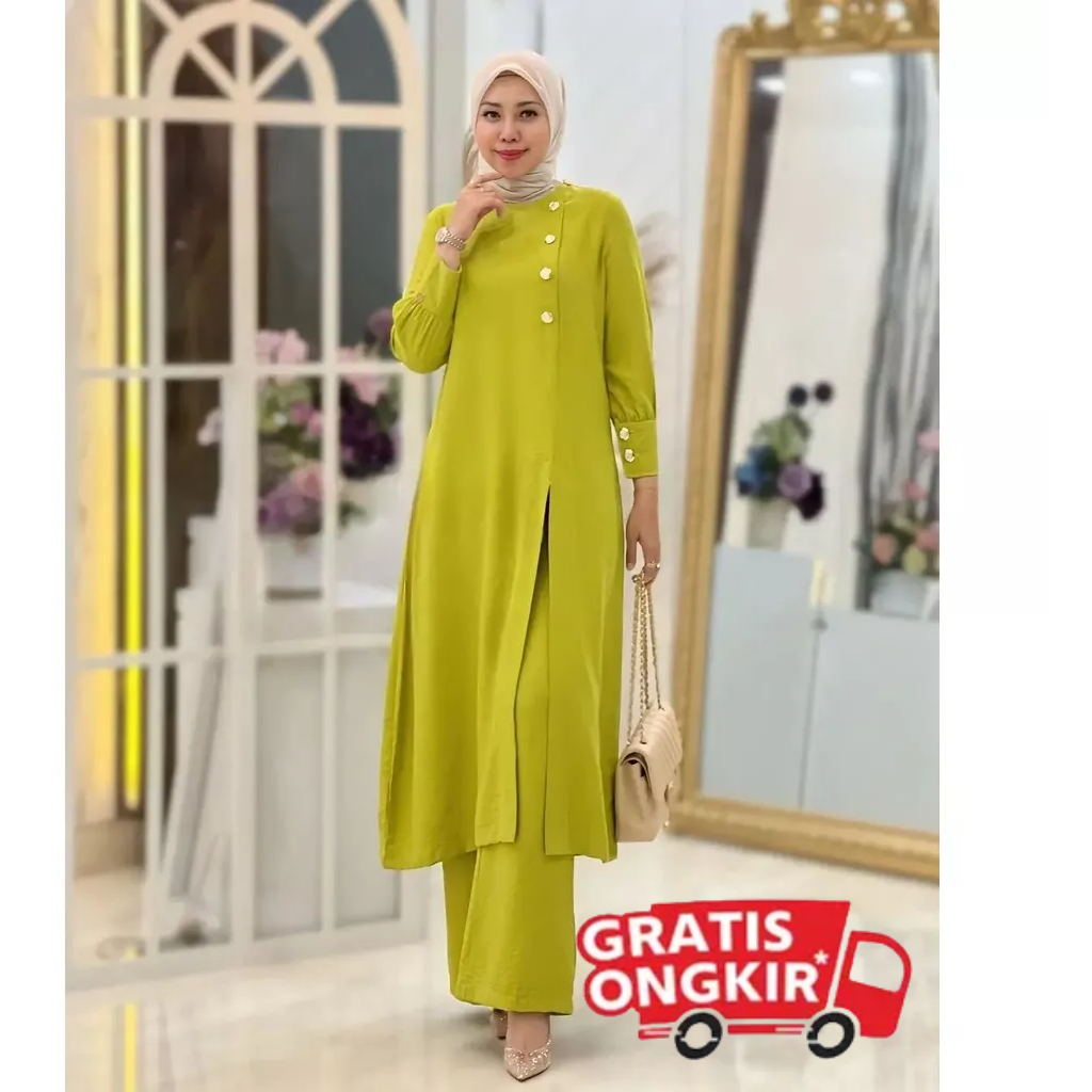 RB Setelan Crinkel Airflow Premium Adeline Set Wanita Tunik Celana Kulot Saku Kanan Kancing