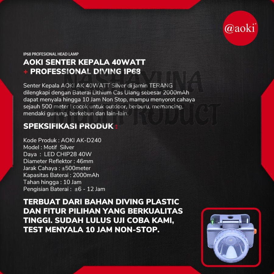 SENTER KEPALA PREMIUM PROFESIONAL DIVING AOKI DK-340 40WATT TAHAN HINGGA 10 JAM