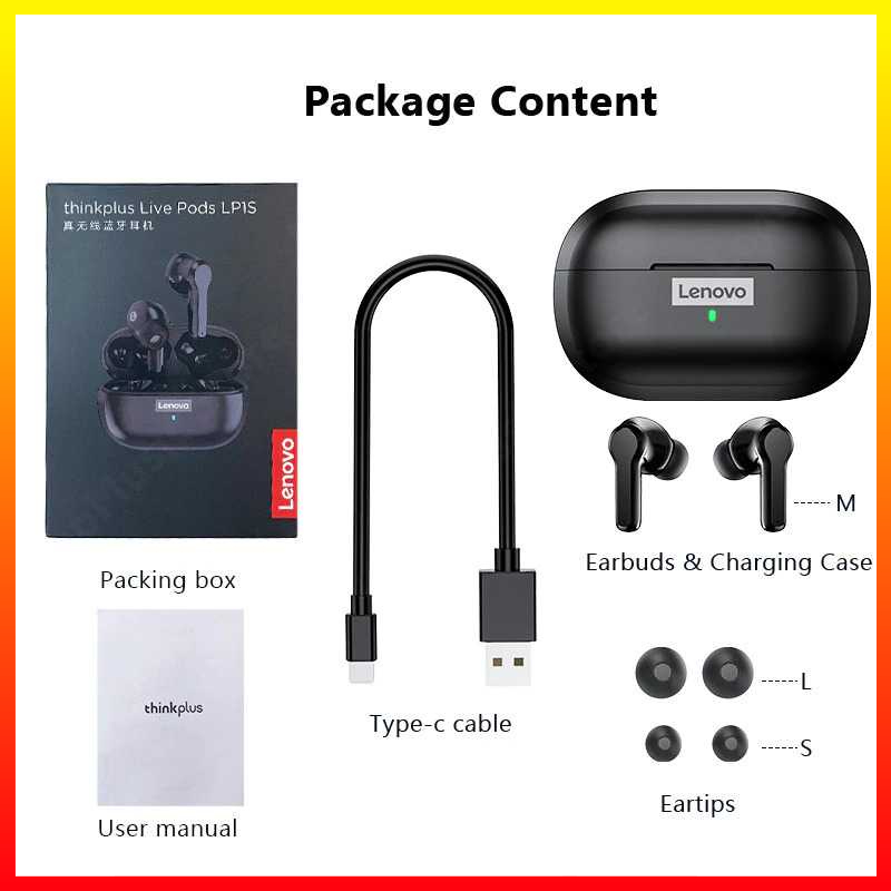 TWS Earphone Desain Airpods Headset Bluetooth 5.0 with Charging Dock USB Type C Baterai Tahan Lama Lenovo Think Plus - ILSK0QBK