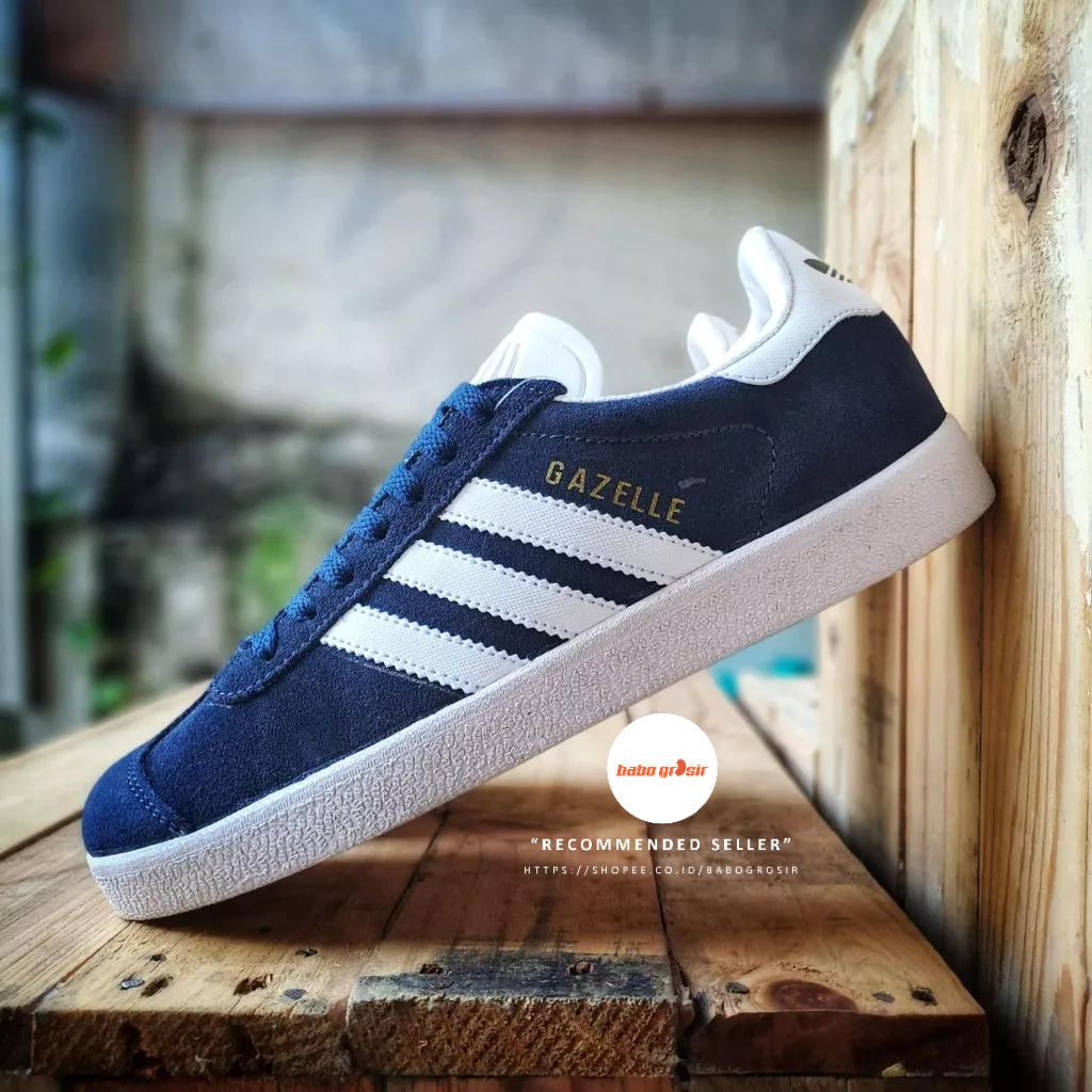 PROMO Sepatu Sneakers Murah | Adidas Gazelle Navy White Premium TOP Quality, Bahan Kulit Suede ASLI, Harga Termurah