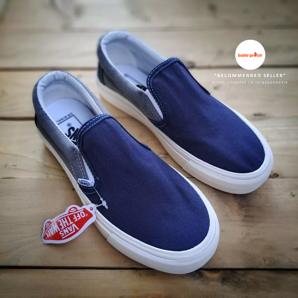 PROMO Sepatu Slip On Pria Wanita | Vans Slip On Navy Grey Premium Import Quality Include Box, Upper Kanvas, Waffle DT Anti Slip, Tag Made in China, Harga Termurah