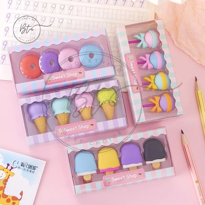 

[B123] Penghapus Pensil Karakter Sweet Shop Cone Lolipop Ice Cream Donut Set 4