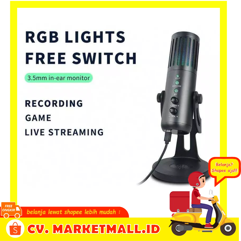 Mikrofon Kondensor Profesional RGB USB Komputer Desktop Seluler Rekaman Gaming Live Streaming LEIMIC W-900 - 7CSK1DBK