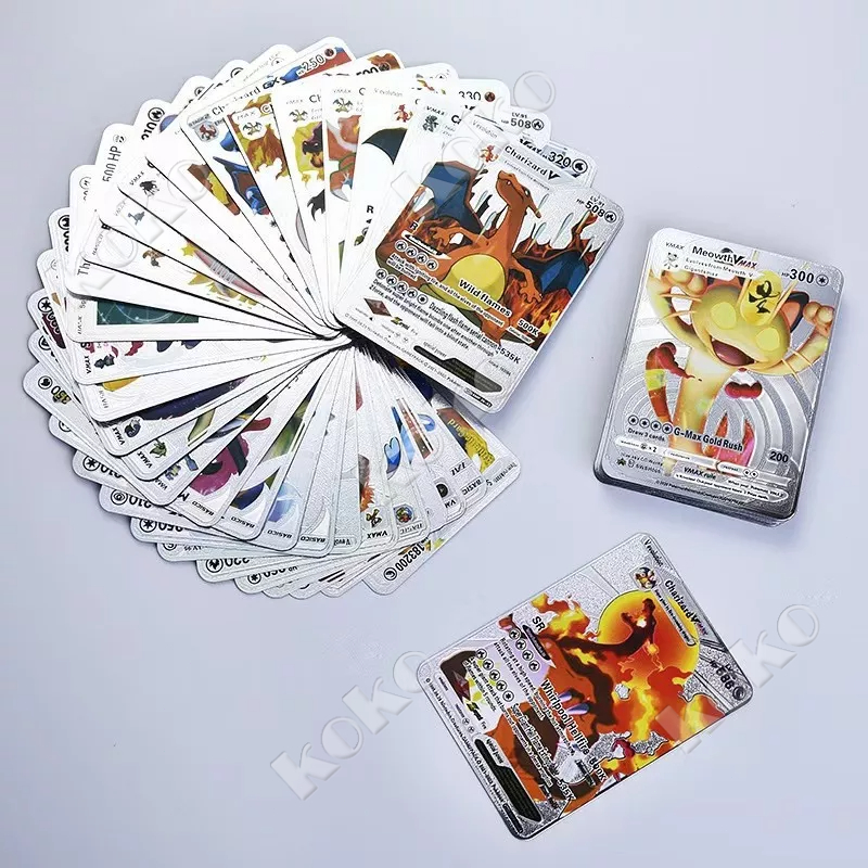 【Penjual Lokal】27pcs / 55pcs / 100PCS / 110PCS / 150pcs Pokemon Card Games Set Kartu Bahasa Inggris Bahan Metal Warna Hitam / Gold / Silver Untuk Koleksi