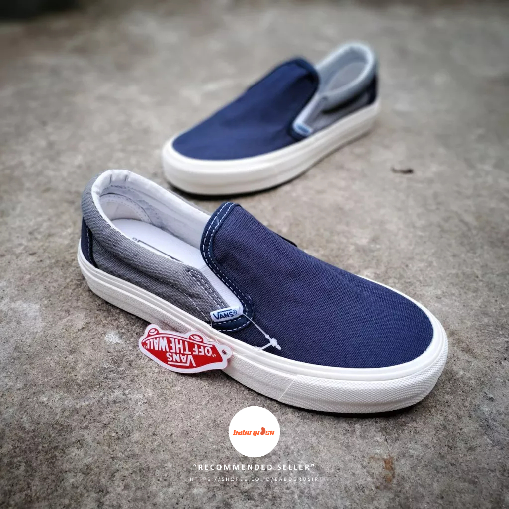 PROMO Sepatu Slip On Pria Wanita | Vans Slip On Navy Grey Premium Import Quality Include Box, Upper Kanvas, Waffle DT Anti Slip, Tag Made in China, Harga Termurah