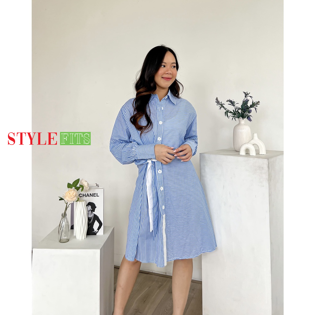 STYLEFITS | Women midi Dress in Stripes | Dress wanita salur salur bahan premium katun