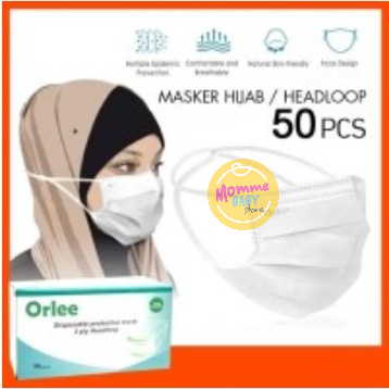 Masker Headloop Hijab 3 Ply 3Ply Face Mask anti Virus 1 box isi 50 Pcs Orlee Kemenkes Green