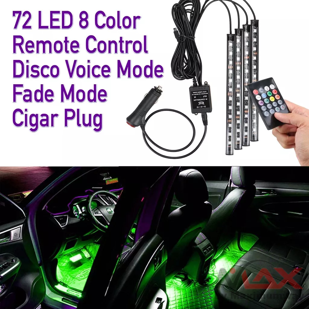 JIAMEN Lampu Interior Mobil Plus Remote Bisa Mode Disco ikut Beat Musik 72 LED Strip Flexible Car Light Cigarette Plug 8 Color warna Infitary Car LED Ambient Light With USB Neon Mood Music Control RGB Auto Interior Decorative Atmosphere Lighting