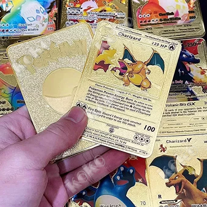 【penjual lokal】110 Pcs Kartu Pokemon 27-55pcs Bahan Metal Warna Emas Silver Versi Bahasa Inggris Untuk Koleksi