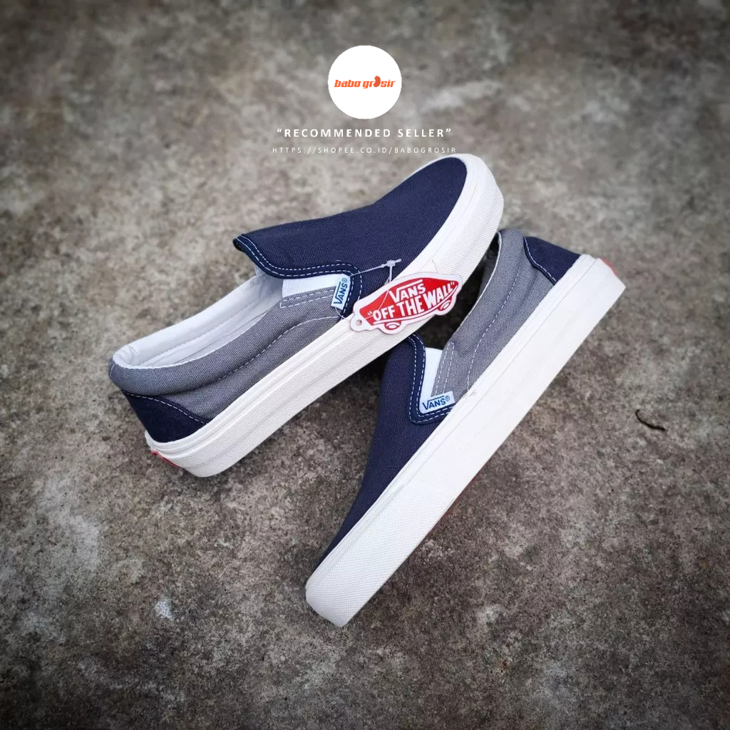 PROMO Sepatu Slip On Pria Wanita | Vans Slip On Navy Grey Premium Import Quality Include Box, Upper Kanvas, Waffle DT Anti Slip, Tag Made in China, Harga Termurah