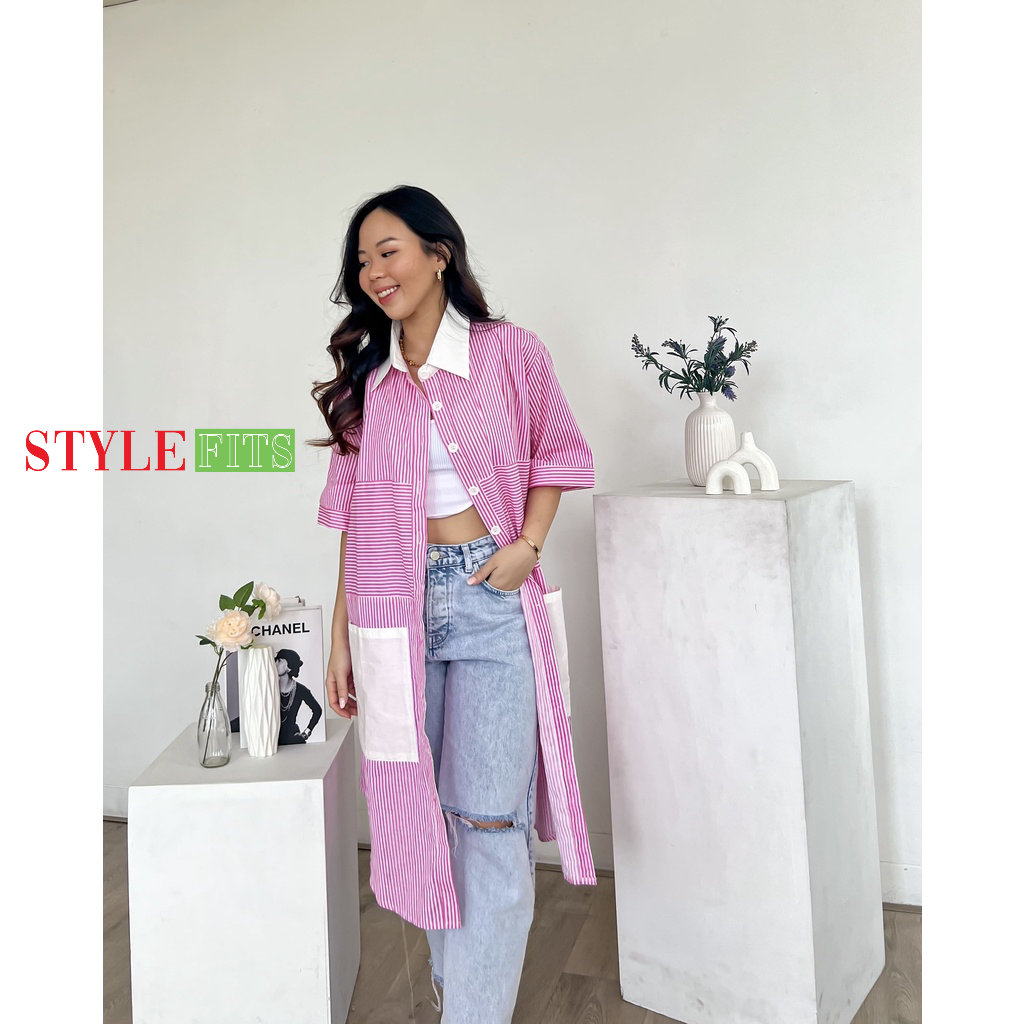 STYLEFITS | Women Midi Dress | Dress outer Wanita motif salur dengan kantong besar kombinasi Katun P