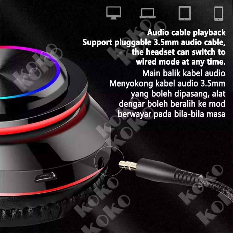 COD B39 Headphone Bluetooth Headset Musik Gaming dengan Lampu LED dan Mic Suara HIFI Bass Mantap