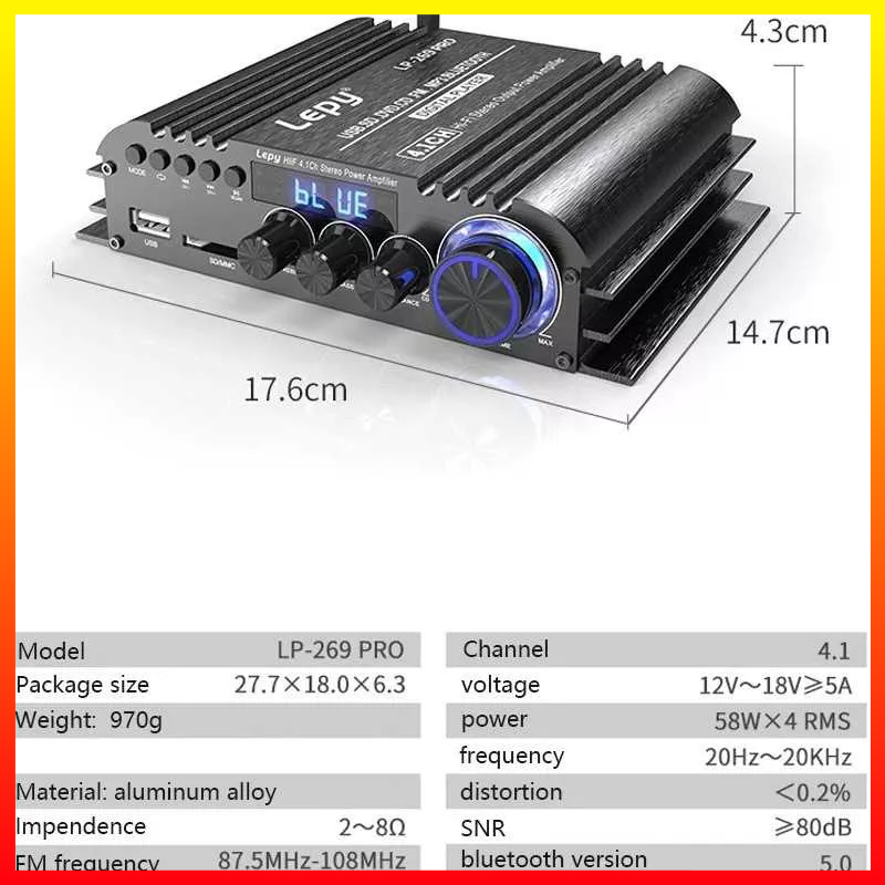 LEPY LP-269PRO 4.1 Channel Amplifier with Remote Bluetooth 5.0 Coaxial In USB SD FM Fungsi Subwoofer Output Home Theater - 9CSK08BK