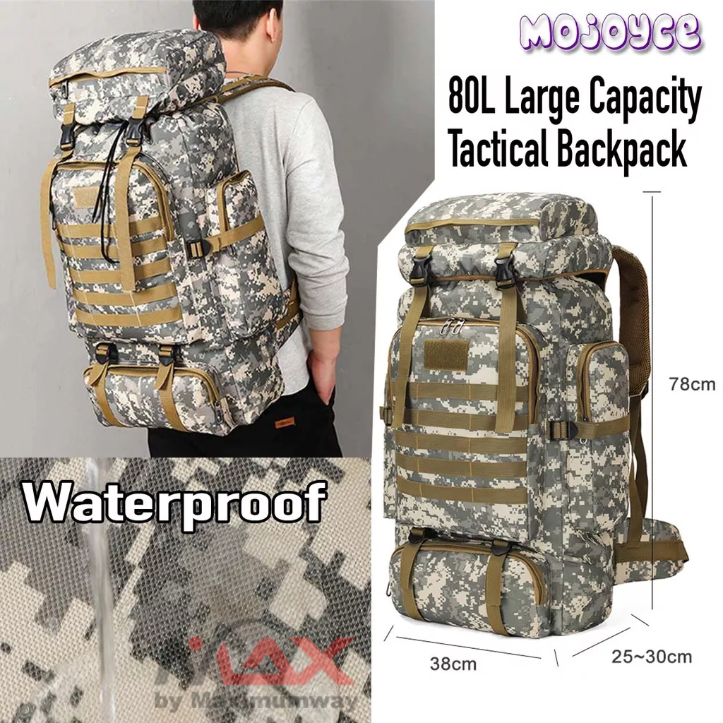 MOJOYCE Tas Ransel Hiking Camouflage Tactical 80 Liter Super Besar Anti Air Kamuflase Oxford Waterproof 80L Large Capacity Travel Climbing Bag Tactical Military Backpack Women Army Bags Canvas Bucket Bag Shoulder Sports Bag Male Travel Rucksack Outdoor