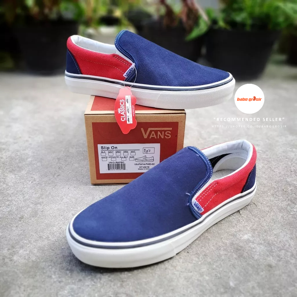 PROMO Sepatu Slip On Pria Wanita | Vans Slip On Suede Navy Red Premium Import Quality Include Box, Upper Kanvas, Waffle DT Anti Slip, Tag Made in China, Harga Termurah