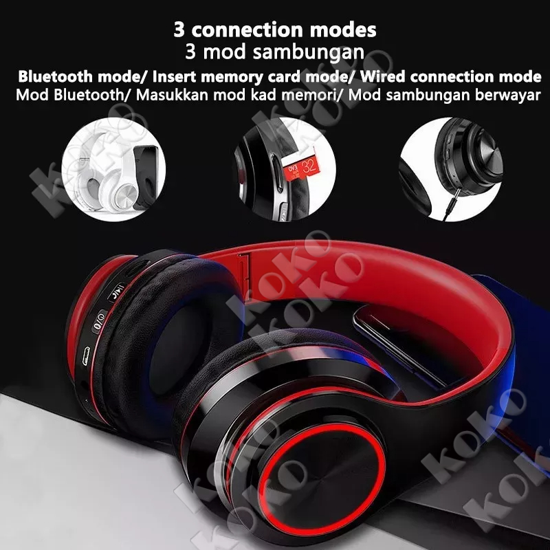 COD B39 Headphone Bluetooth Headset Musik Gaming dengan Lampu LED dan Mic Suara HIFI Bass Mantap