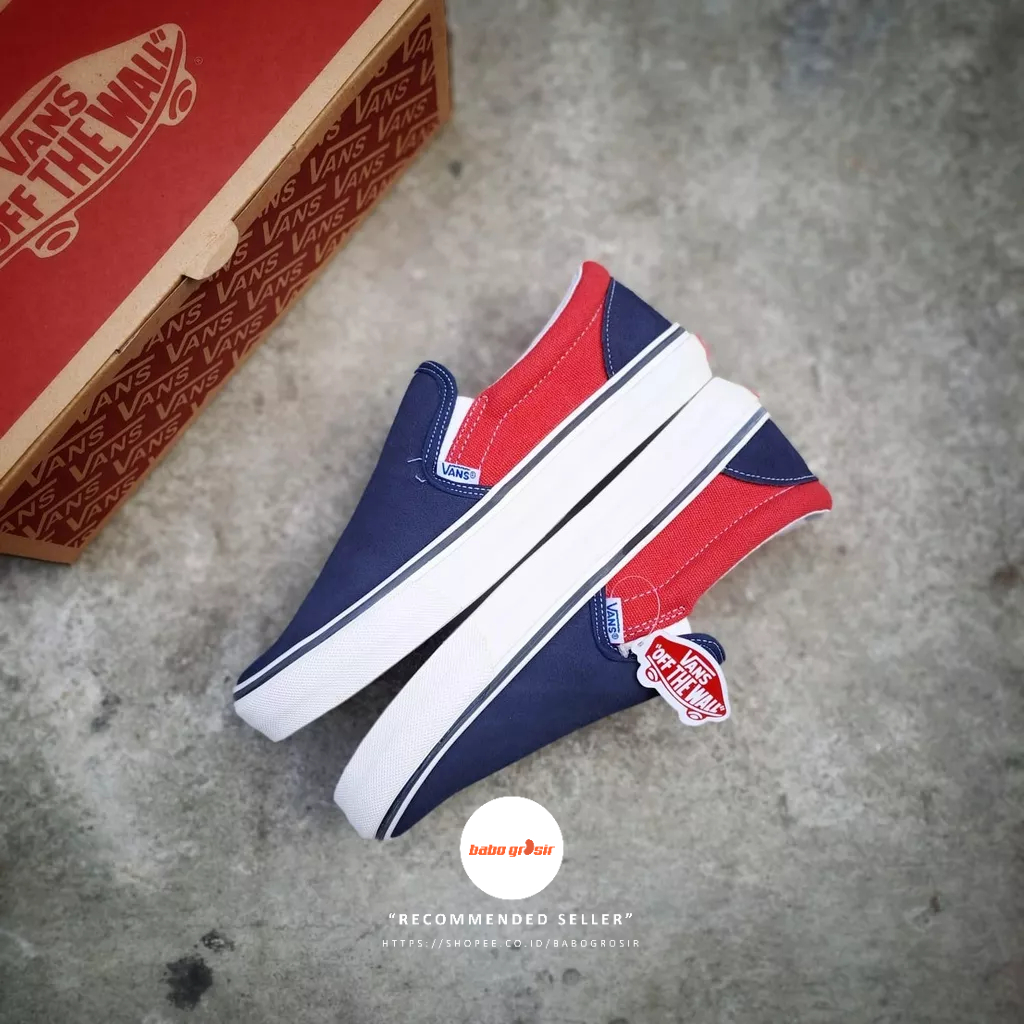 PROMO Sepatu Slip On Pria Wanita | Vans Slip On Suede Navy Red Premium Import Quality Include Box, Upper Kanvas, Waffle DT Anti Slip, Tag Made in China, Harga Termurah