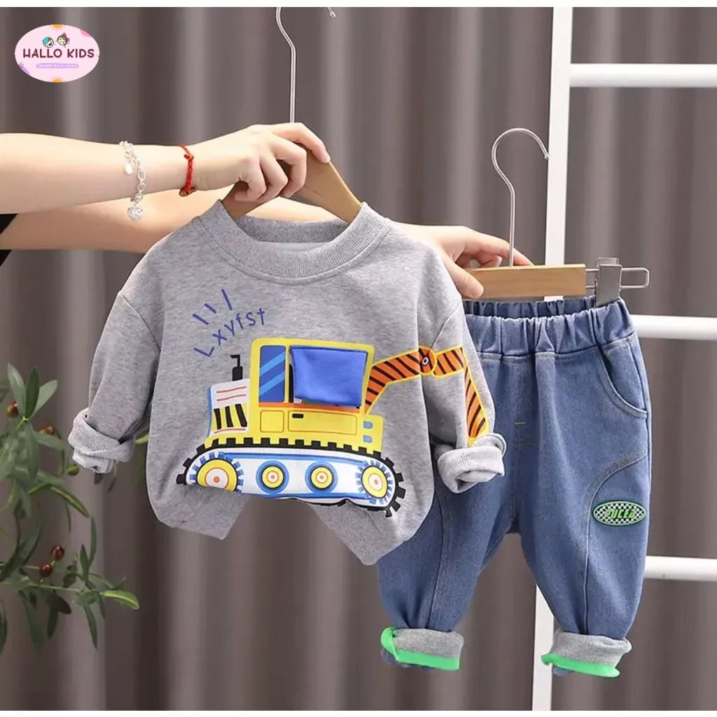 hallokids-setelan anak sweater denim jeans outwer setelan anak laki laki baju anak laki laki motif b