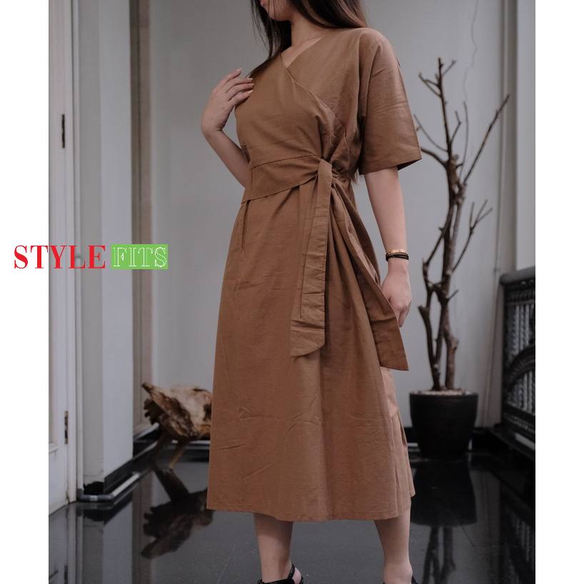 STYLEFITS | Women Wrap dress | Dress wanita ikat samping polos bahan Linen Premium Lebaran fashion m