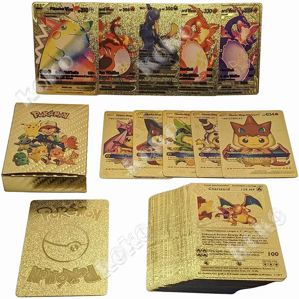 【penjual lokal】110 Pcs Kartu Pokemon 27-55pcs Bahan Metal Warna Emas Silver Versi Bahasa Inggris Untuk Koleksi