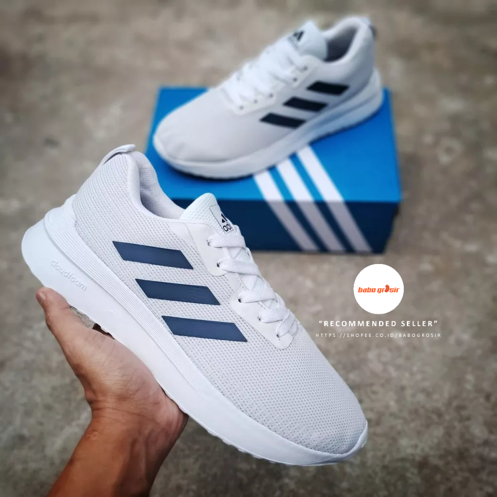 PROMO Sepatu Running Adidas White Navy Premium Quality Include Box, Harga Termurah