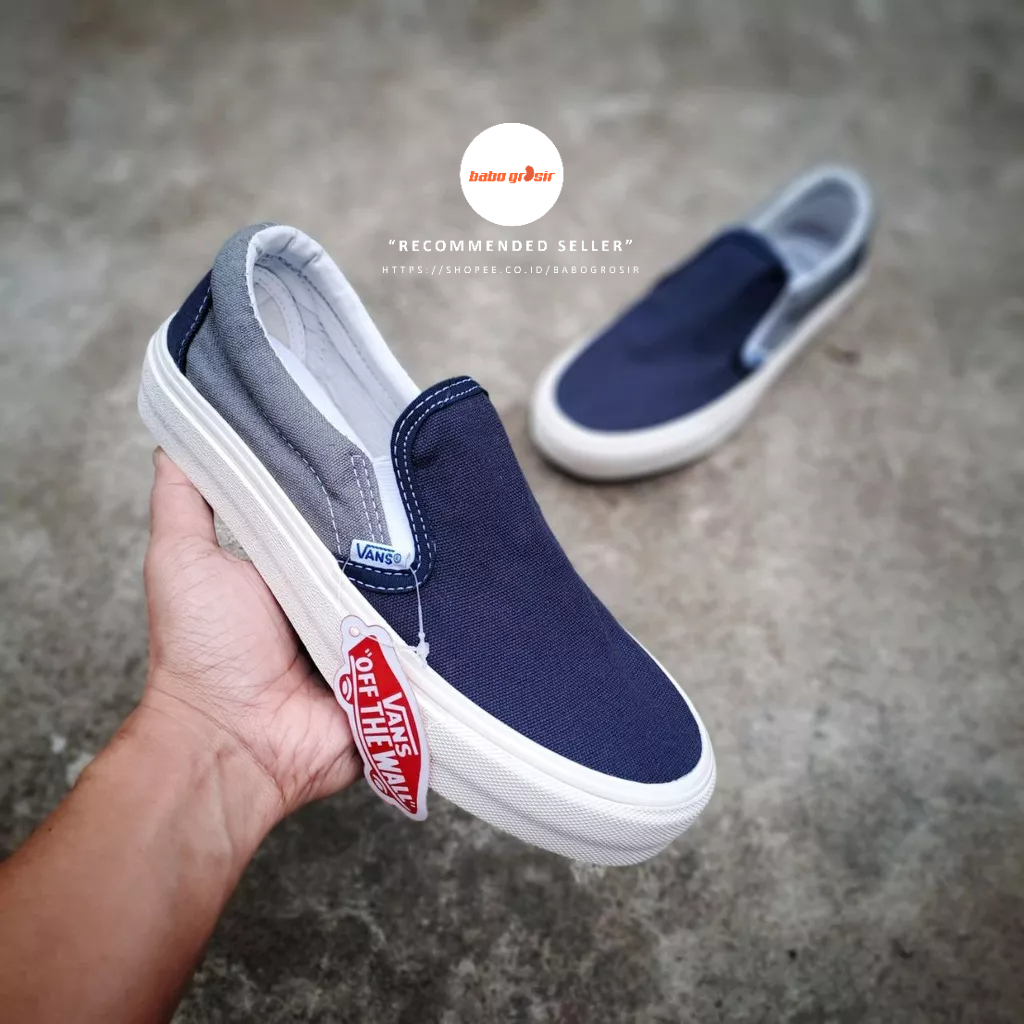 PROMO Sepatu Slip On Pria Wanita | Vans Slip On Navy Grey Premium Import Quality Include Box, Upper Kanvas, Waffle DT Anti Slip, Tag Made in China, Harga Termurah