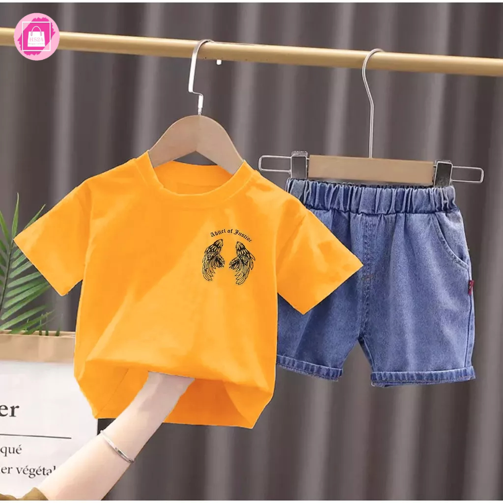 SETELAN ANAK BAJU KAOS CELANA PENDEK JEANS BAJU ANAK LAKI LAKI PEREMPUAN UMUR 1-5 TAHUN MOTIF SAYAP SETELAN ANAK TERBARU