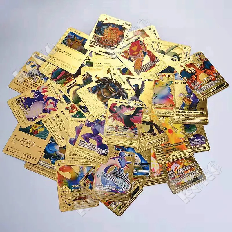 【penjual lokal】110 Pcs Kartu Pokemon 27-55pcs Bahan Metal Warna Emas Silver Versi Bahasa Inggris Untuk Koleksi