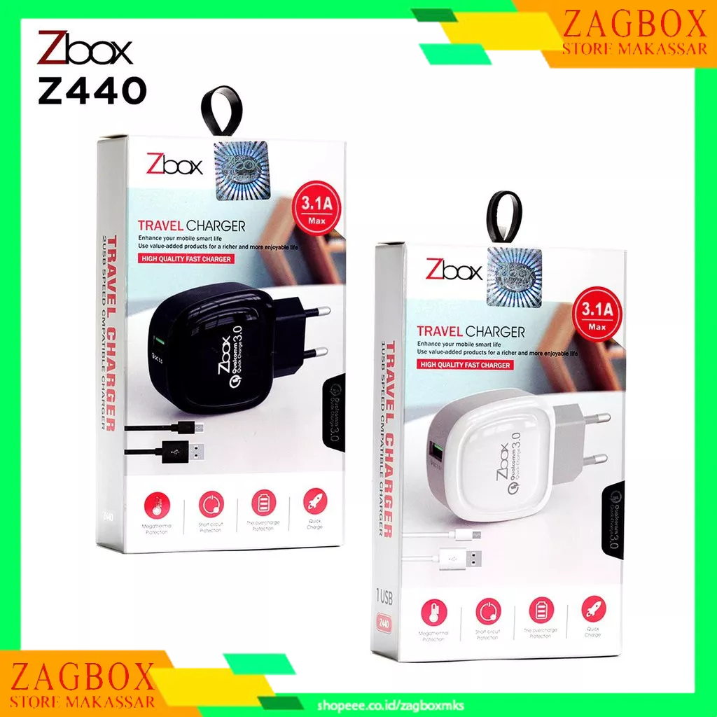 Adaptor Cas Travel Charger ZBOX Z440 3.1A Qualcomm 3.0 Fast Charging Type C  Micro USB