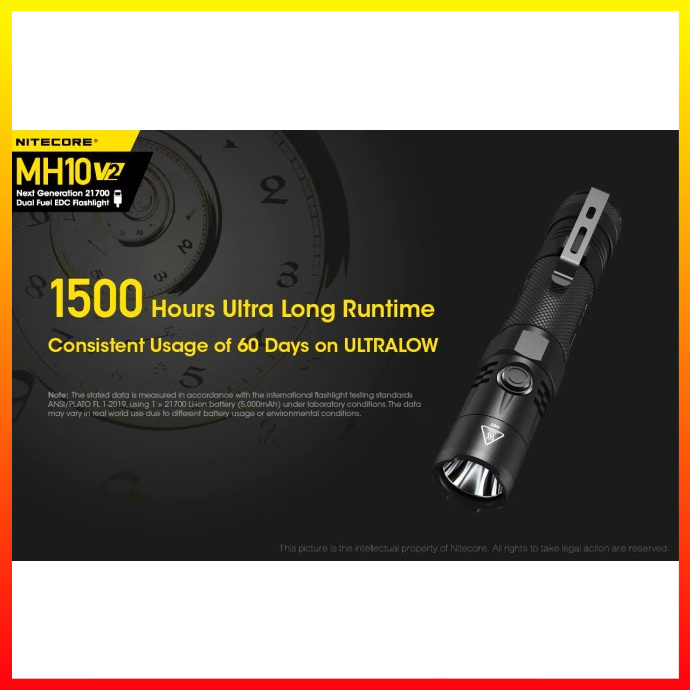 Senter NITECORE MH10 V2 CREE XP L2 V6 LED 1200 Lumens USB Type C Baterai Isi Ulang Li-ion 21700 Desain Lurus Kecil Tahan Air - NRFL64BK