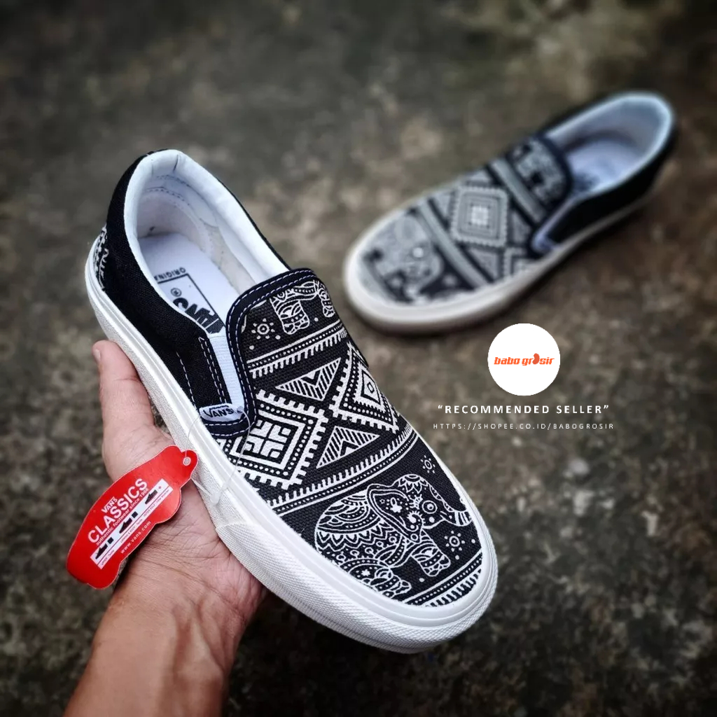 PROMO Sepatu Slip On Pria Wanita | Vans Slip On Ethnic Elephant Premium Import Quality Include Box, Upper Kanvas, Waffle DT Anti Slip, Tag Made in China. Harga Termurah