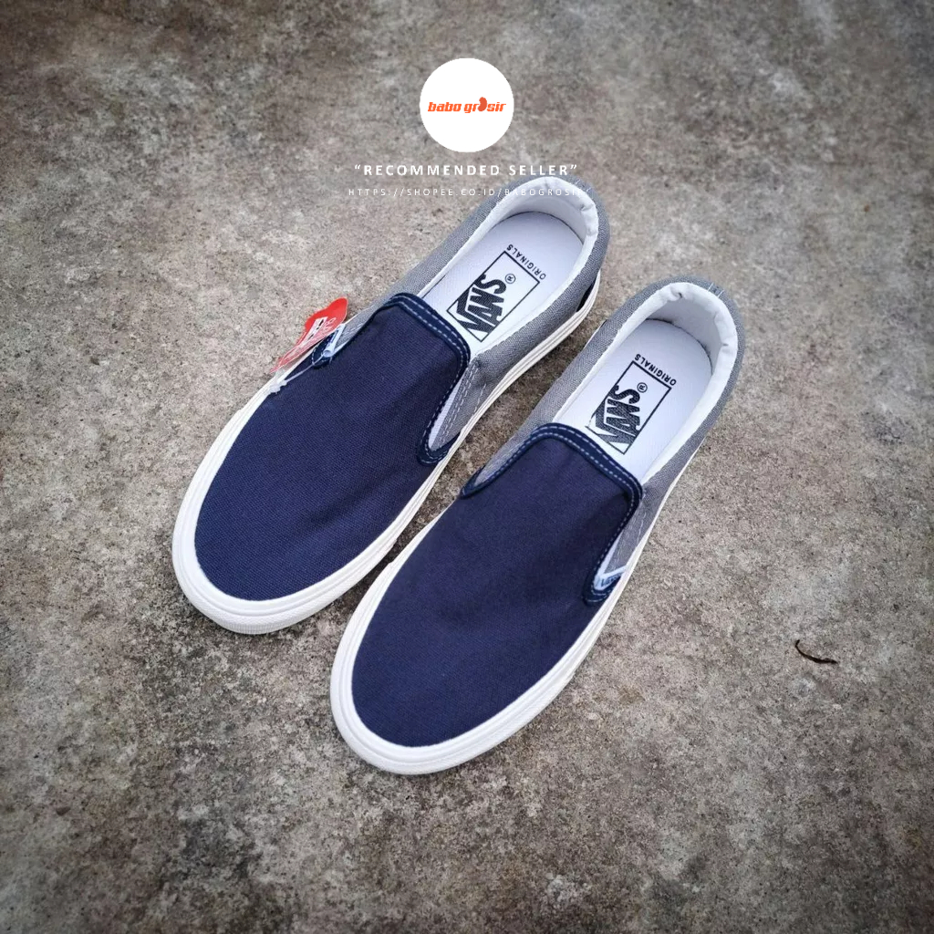 PROMO Sepatu Slip On Pria Wanita | Vans Slip On Navy Grey Premium Import Quality Include Box, Upper Kanvas, Waffle DT Anti Slip, Tag Made in China, Harga Termurah