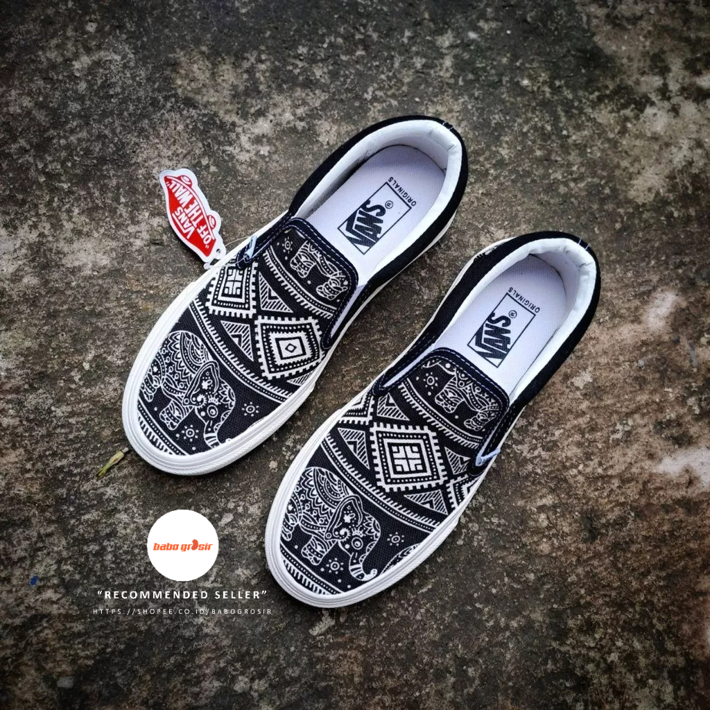 PROMO Sepatu Slip On Pria Wanita | Vans Slip On Ethnic Elephant Premium Import Quality Include Box, Upper Kanvas, Waffle DT Anti Slip, Tag Made in China. Harga Termurah