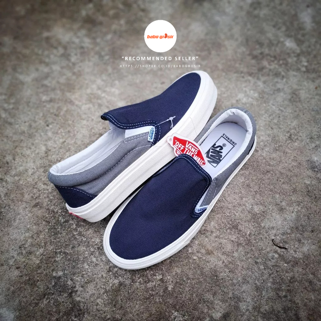 PROMO Sepatu Slip On Pria Wanita | Vans Slip On Navy Grey Premium Import Quality Include Box, Upper Kanvas, Waffle DT Anti Slip, Tag Made in China, Harga Termurah