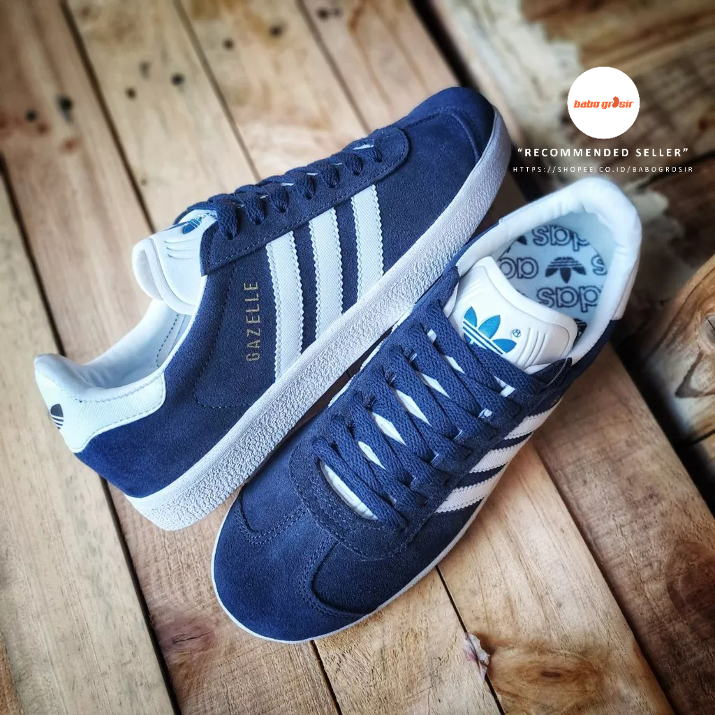 PROMO Sepatu Sneakers Murah | Adidas Gazelle Navy White Premium TOP Quality, Bahan Kulit Suede ASLI, Harga Termurah