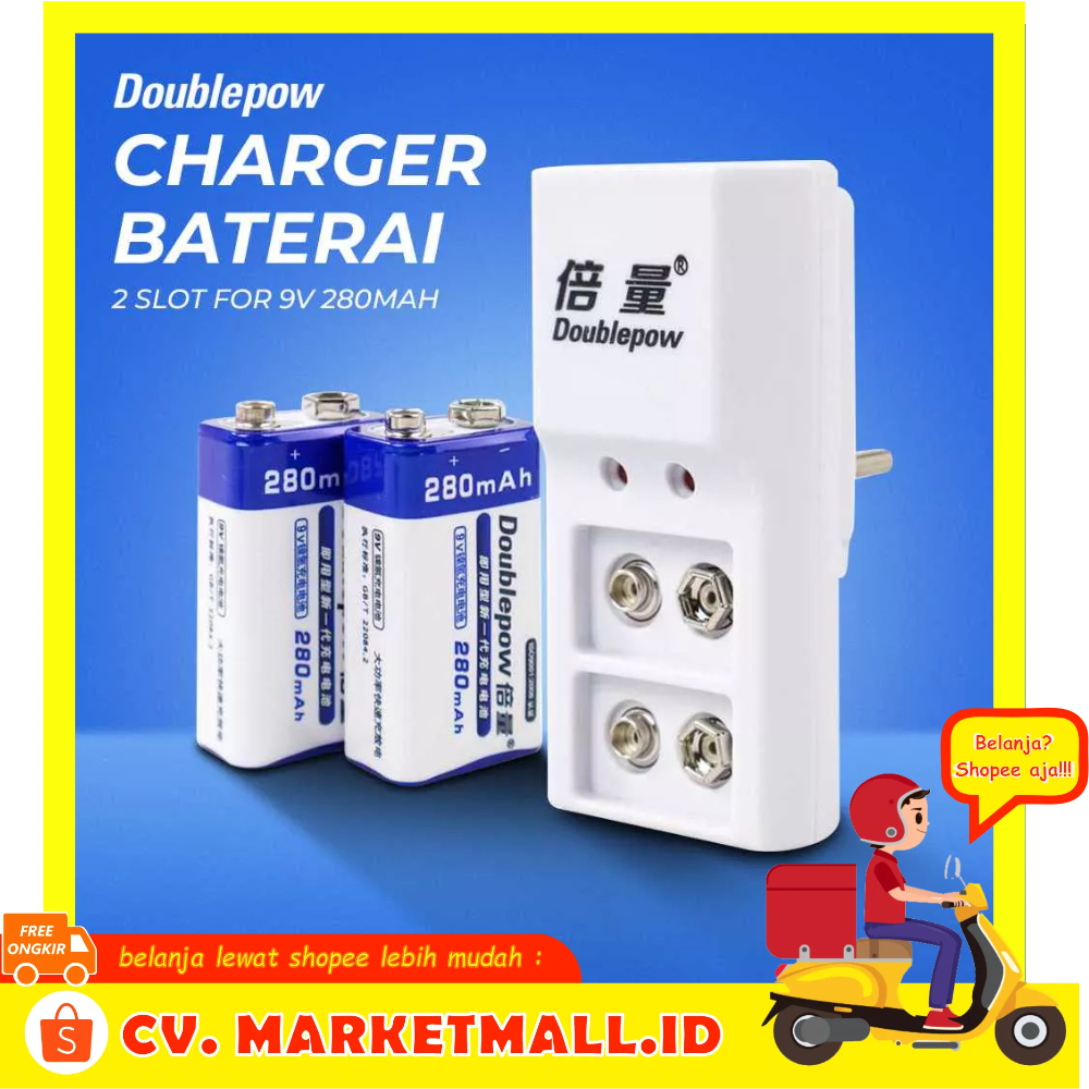 Pengisi Daya Charger 2 slot Untuk 9V Dengan 2PCS Baterai 9V 280mAh Lithium Ion Doublepow DP-B09 - S3AD09WH