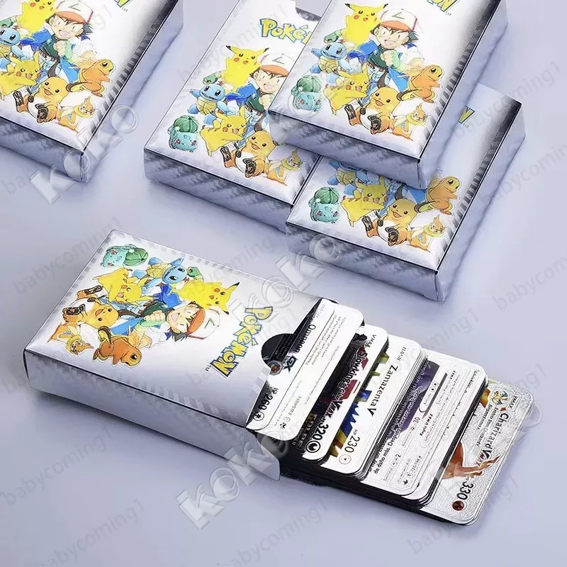 【penjual lokal】110 Pcs Kartu Pokemon 27-55pcs Bahan Metal Warna Emas Silver Versi Bahasa Inggris Untuk Koleksi