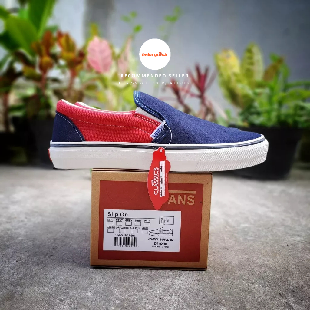 PROMO Sepatu Slip On Pria Wanita | Vans Slip On Suede Navy Red Premium Import Quality Include Box, Upper Kanvas, Waffle DT Anti Slip, Tag Made in China, Harga Termurah
