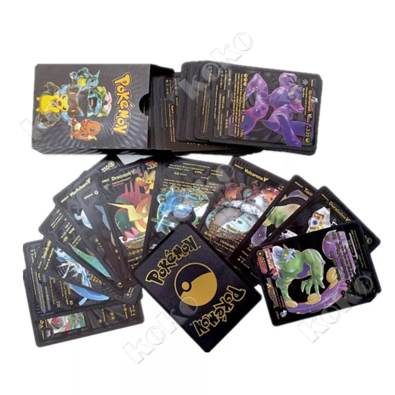 【Penjual Lokal】27pcs / 55pcs / 100PCS / 110PCS / 150pcs Pokemon Card Games Set Kartu Bahasa Inggris Bahan Metal Warna Hitam / Gold / Silver Untuk Koleksi