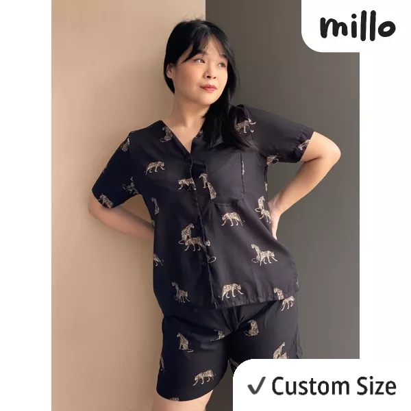 MILLO LEOPARD BLACK Rayon Viscose Set Pajamas Sleepwear Setelan Piyama Baju Tidur Wanita Pria Anak C