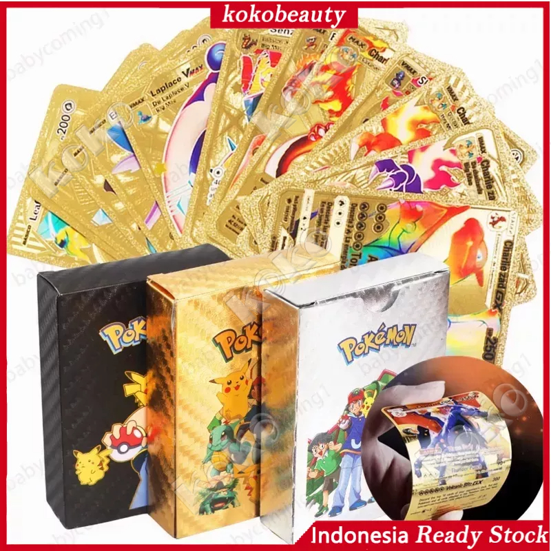 【penjual lokal】110 Pcs Kartu Pokemon 27-55pcs Bahan Metal Warna Emas Silver Versi Bahasa Inggris Untuk Koleksi