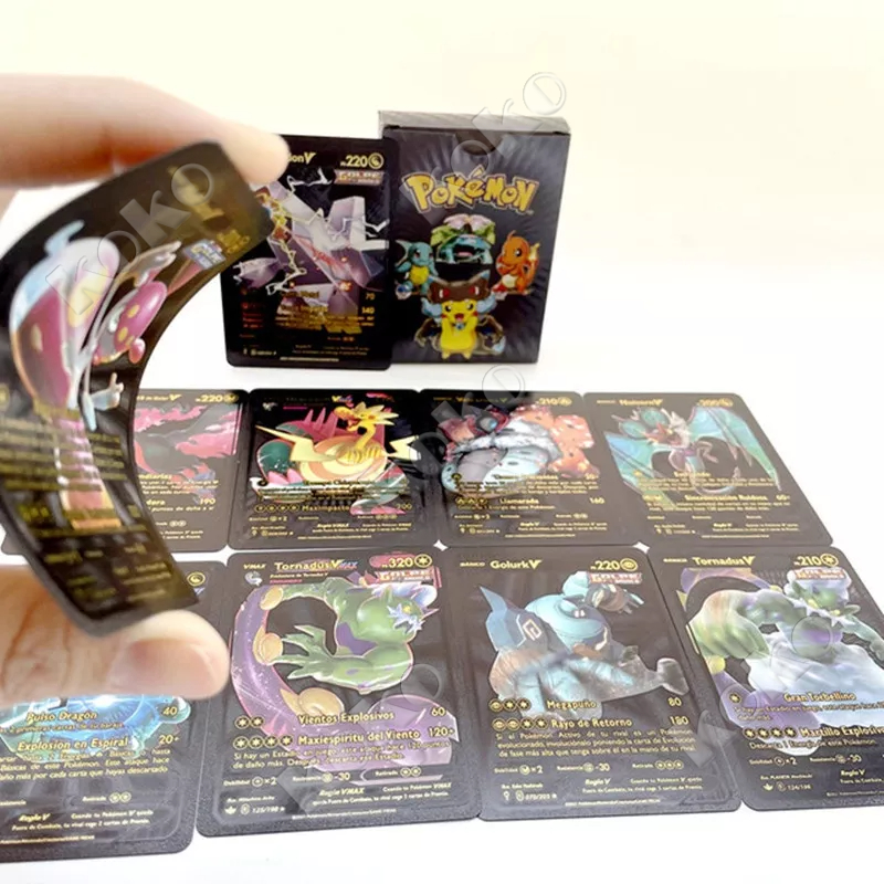 【Penjual Lokal】27pcs / 55pcs / 100PCS / 110PCS / 150pcs Pokemon Card Games Set Kartu Bahasa Inggris Bahan Metal Warna Hitam / Gold / Silver Untuk Koleksi