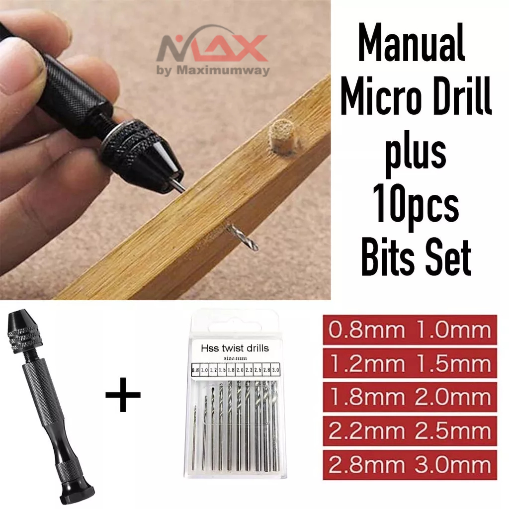Taffware Bor Tangan Manual plus 10pcs mata bor untuk kayu dan PCB elektronik HSS Twist Drills dengan