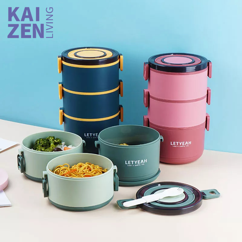 Letyeah &amp; Kaizenliving Bulat Kotak Makan 3 Tingkat Tahan Panas untuk Bekal Kerja Lunch Box