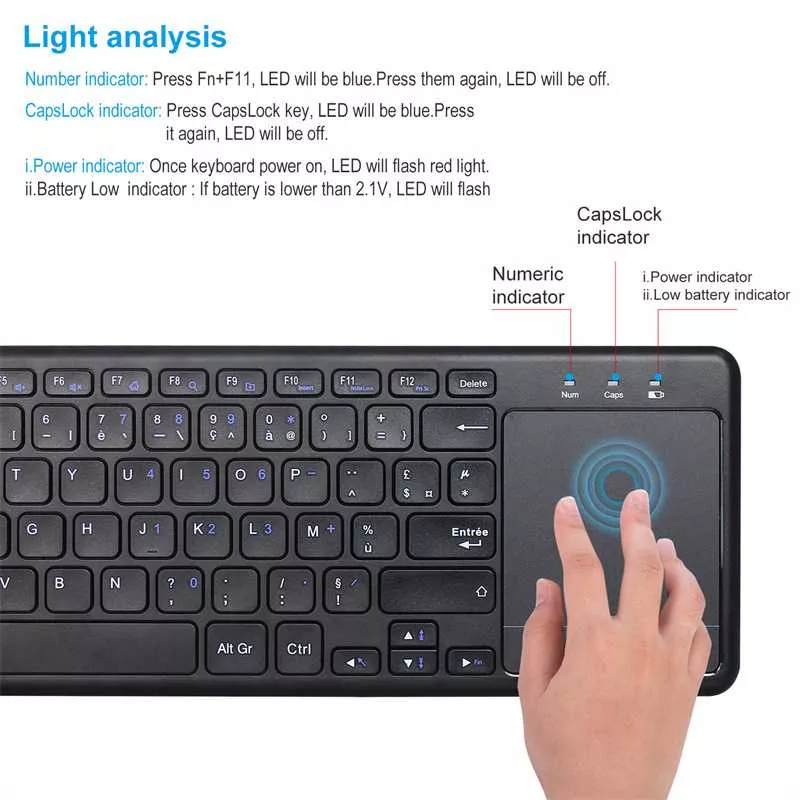 Q63 Keyboard Wireless plus Touchpad ideal untuk Android TV dan Smart TV Layout US bisa sampai jarak 10 meter baterai tahan lama Laptop Wireless Keyboard French Layout Portable 2.4Ghz Wireless Keyboard with Touchpad for Desktop Notebook and Smart TV