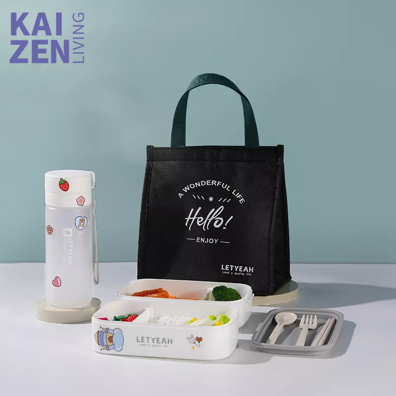 Letyeah &amp; Kaizenliving kotak makan set Tempat Makan Bekal 2 Layer Lunchbox Anti Tumpah Bocor BPA FREE botol minum 600ml