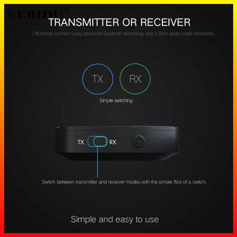 Audio Bluetooth Receiver Transmitter 2 IN 1 Dengan Baterai 5.0 AUX 3.5mm AUX Jack RCA Stereo Music Wireless Adapter For TV PC Car Speaker Kebidu KN319 - 7RSKDBBK