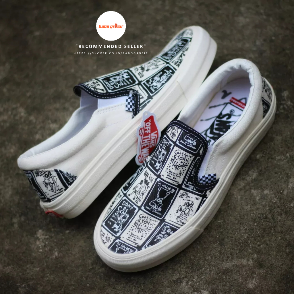 PROMO Sepatu Slip On Pria Wanita | Vans Slip On Daniel Johnston Premium Import Quality Include Box, Upper Kanvas, Waffle DT Anti Slip, Tag Made in China, Harga Termurah