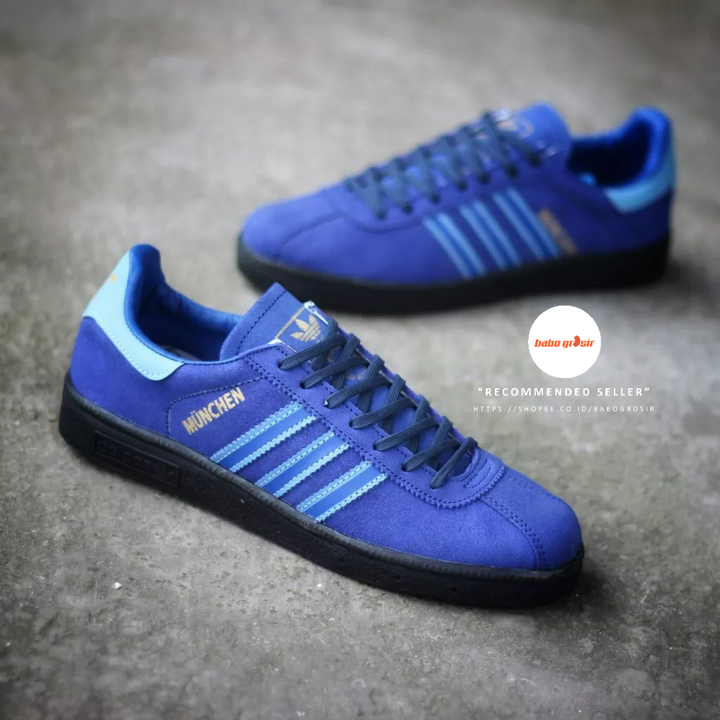 PROMO Sepatu Sneakers Adidas Munchen Navy Light Blue Sol Black Premium TOP Quality Include Box, Bahan Kulit Suede ASLI, Harga Termurah