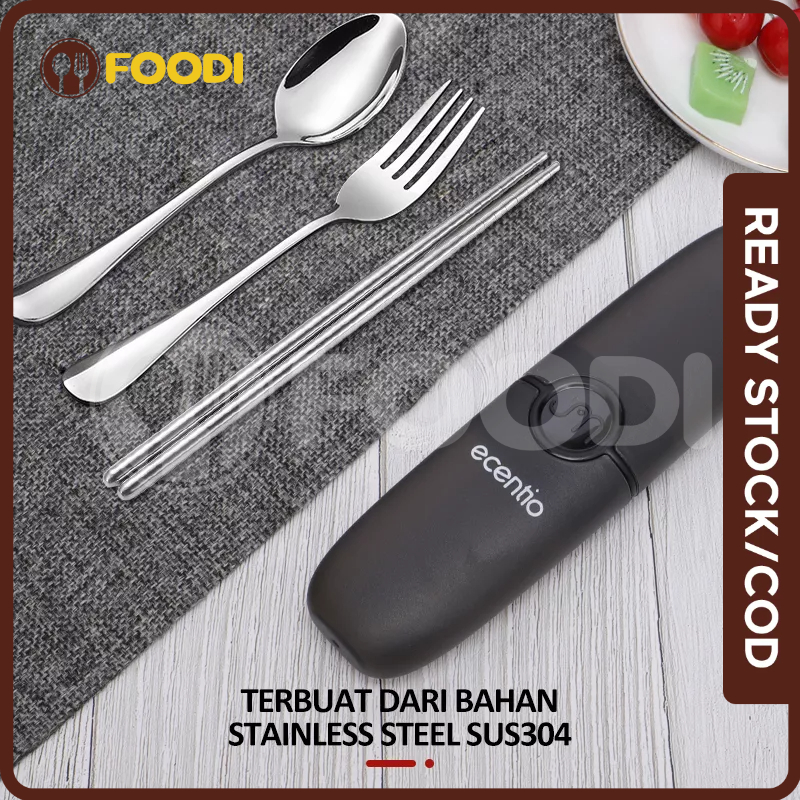 ecentio &amp; FOODI  stainless Sendok sumpit garpu set dengan portabel PP kotak alat makan 3pcs peralatan makan biru Cutlery Set